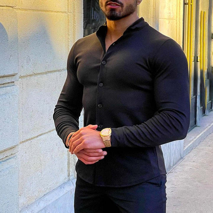 Herren Slim-Fit Langarmhemd mit Stehkragen und elastischem Jersey Echoarchiv