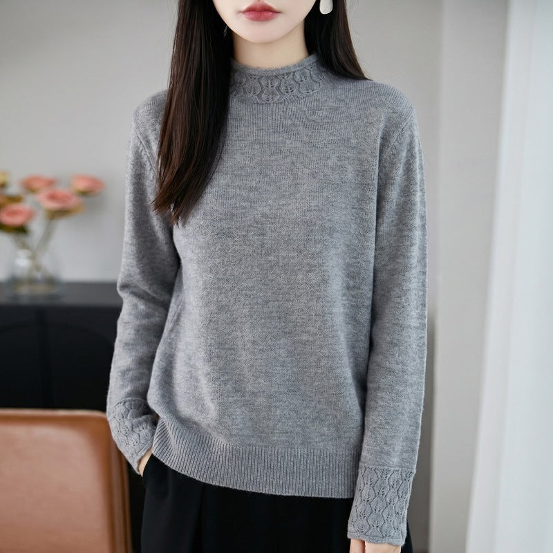 Damen Mockneck-Feinstrickpullover mit Ajour-Detail an Kragen und Bündchen Echoarchiv