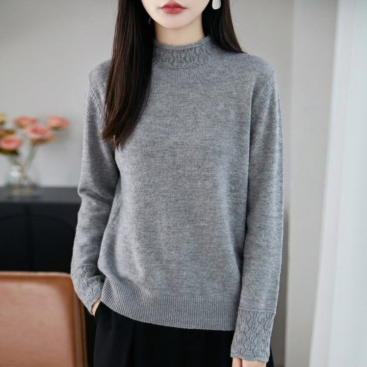 Damen Mockneck-Feinstrickpullover mit Ajour-Detail an Kragen und Bündchen Echoarchiv