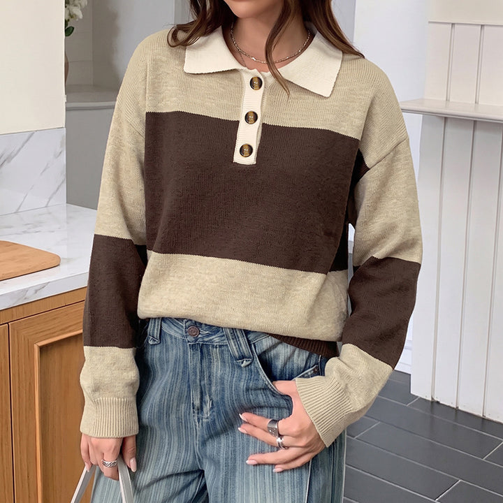 Damen Gestreifter Feinstrick-Polo mit Knopfblende und lockerer Passform – Mavelle