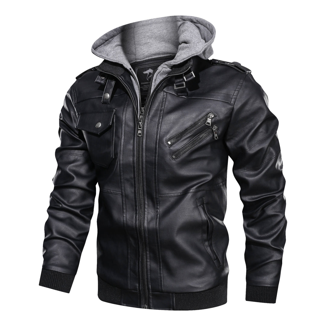 Herren Lederoptik-Utility-Jacke mit Kapuze, Reißverschlusstaschen und Rippbündchen – Taviero