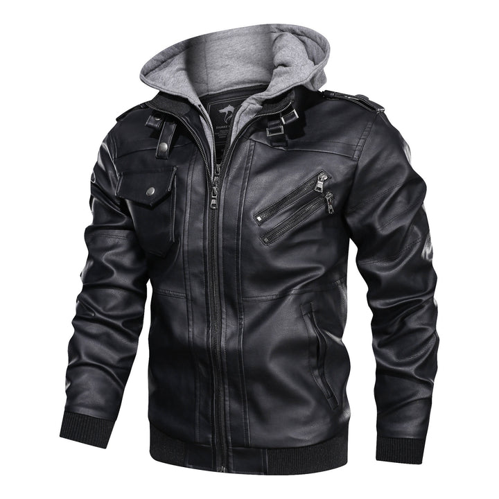 Herren Lederoptik-Utility-Jacke mit Kapuze, Reißverschlusstaschen und Rippbündchen – Taviero