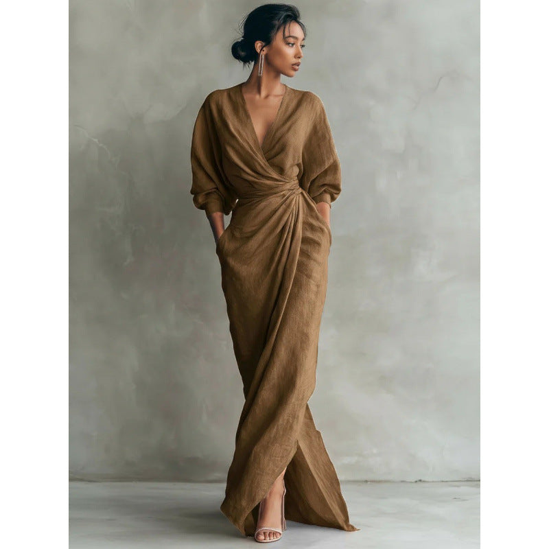 Damen Drapiertes Wickel-Maxikleid mit tiefem V-Ausschnitt, Taillen-Twist und Eingrifftaschen – Valéora