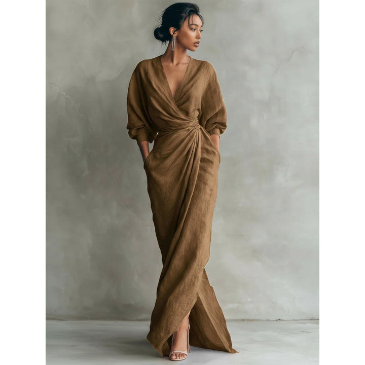 Damen Drapiertes Wickel-Maxikleid mit tiefem V-Ausschnitt, Taillen-Twist und Eingrifftaschen – Valéora