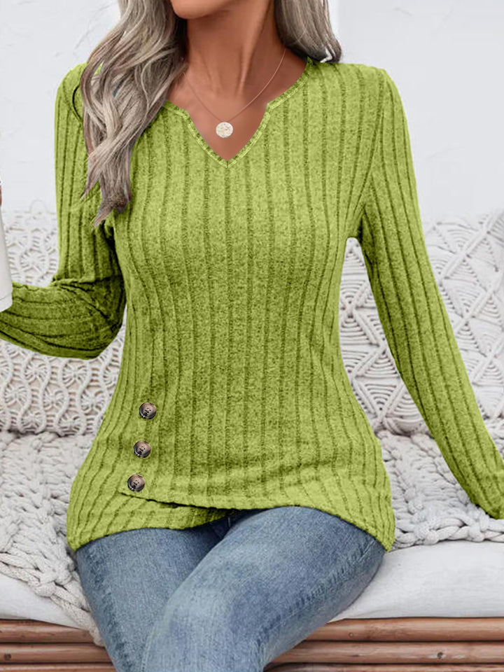 Damen Geripptes Longsleeve-Tunika mit V-Ausschnitt und seitlichen Zierknöpfen – Avérine