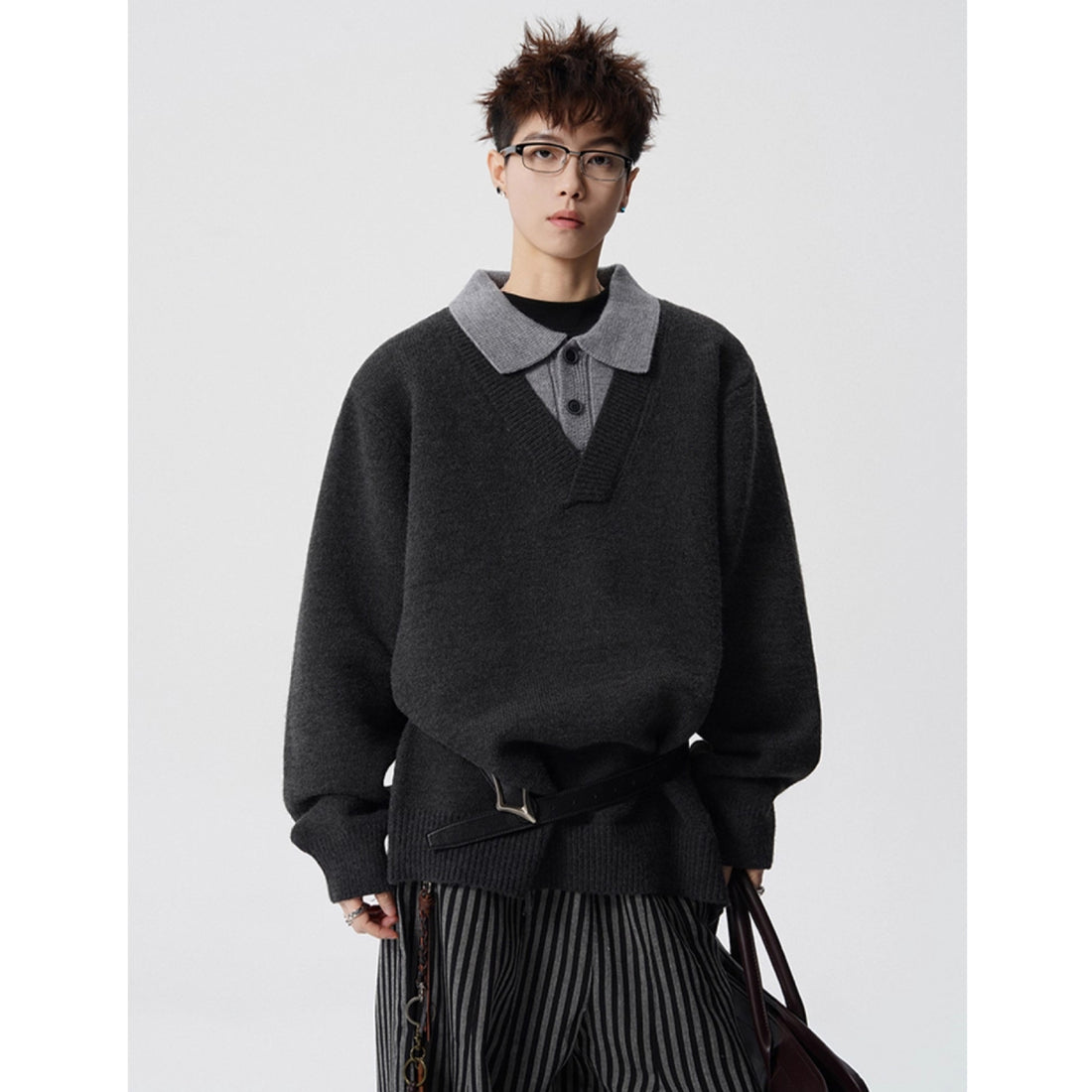 Damen Modischer Grobstrickpullover mit V-Ausschnitt und Kragen Echoarchiv