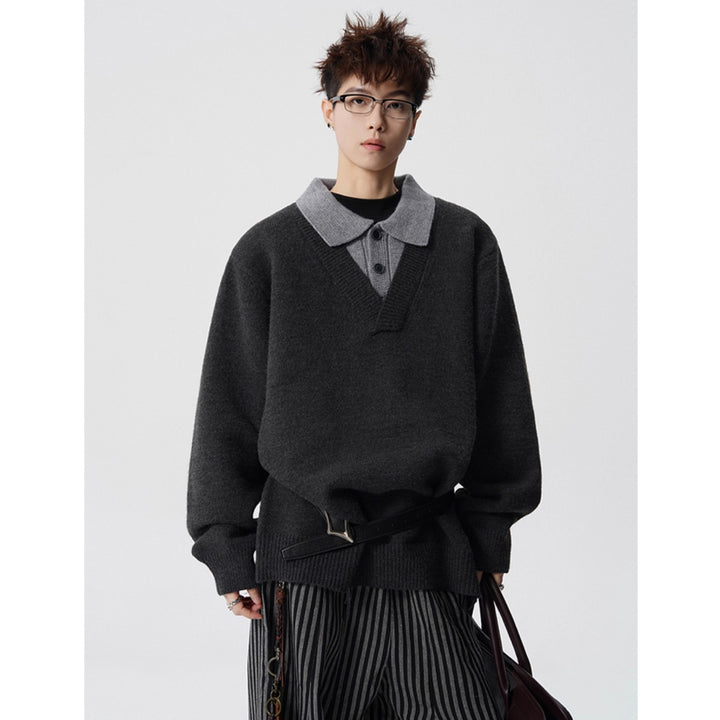 Damen Modischer Grobstrickpullover mit V-Ausschnitt und Kragen Echoarchiv