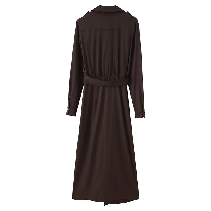 Damen langärmliges Hemdblusenkleid mit Taillengürtel und femininer A-Linien-Silhouette – Valéora