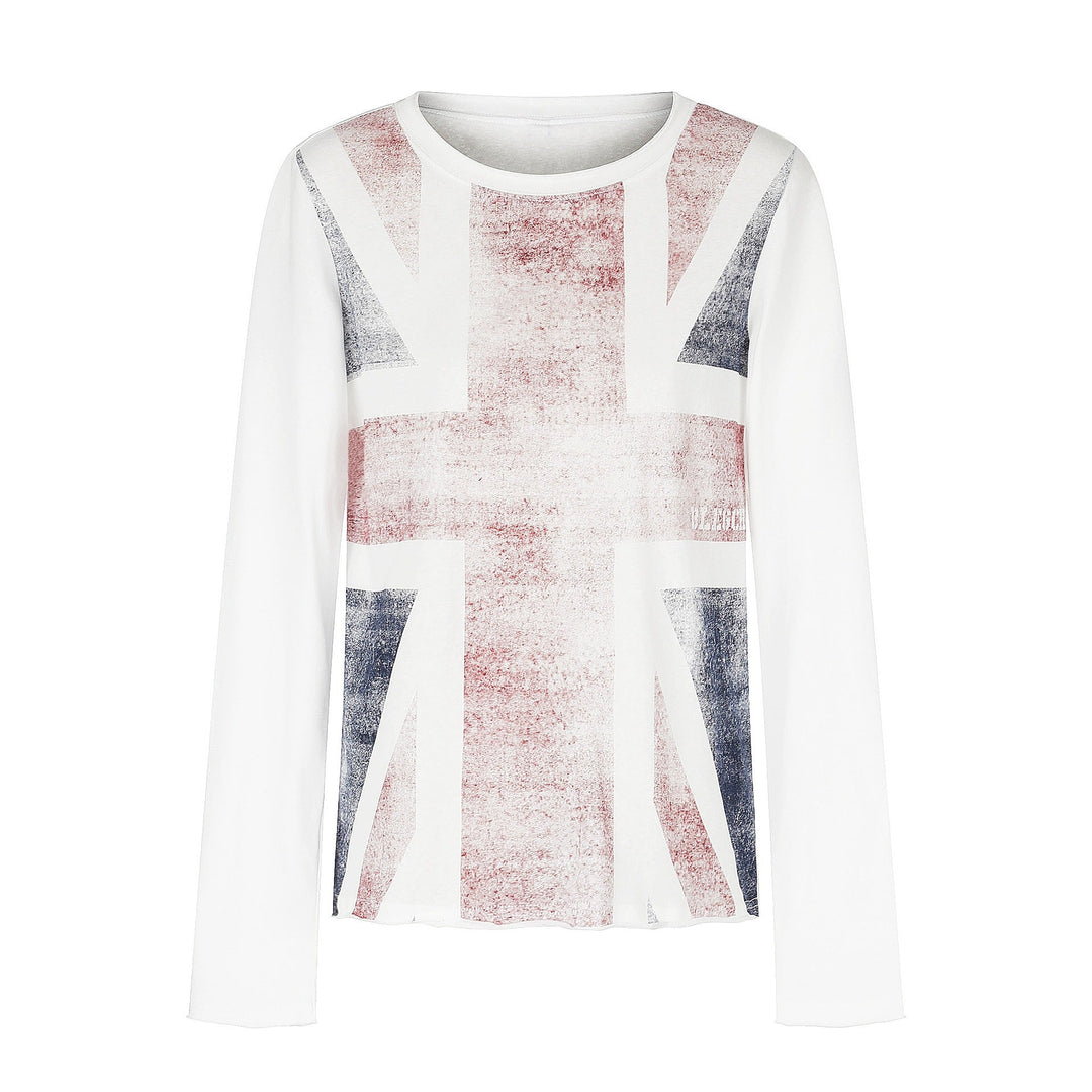 Damen Rundhals-Longsleeve aus Baumwollmix mit Vintage-Union-Jack-Print und Kontrastärmeln Echoarchiv