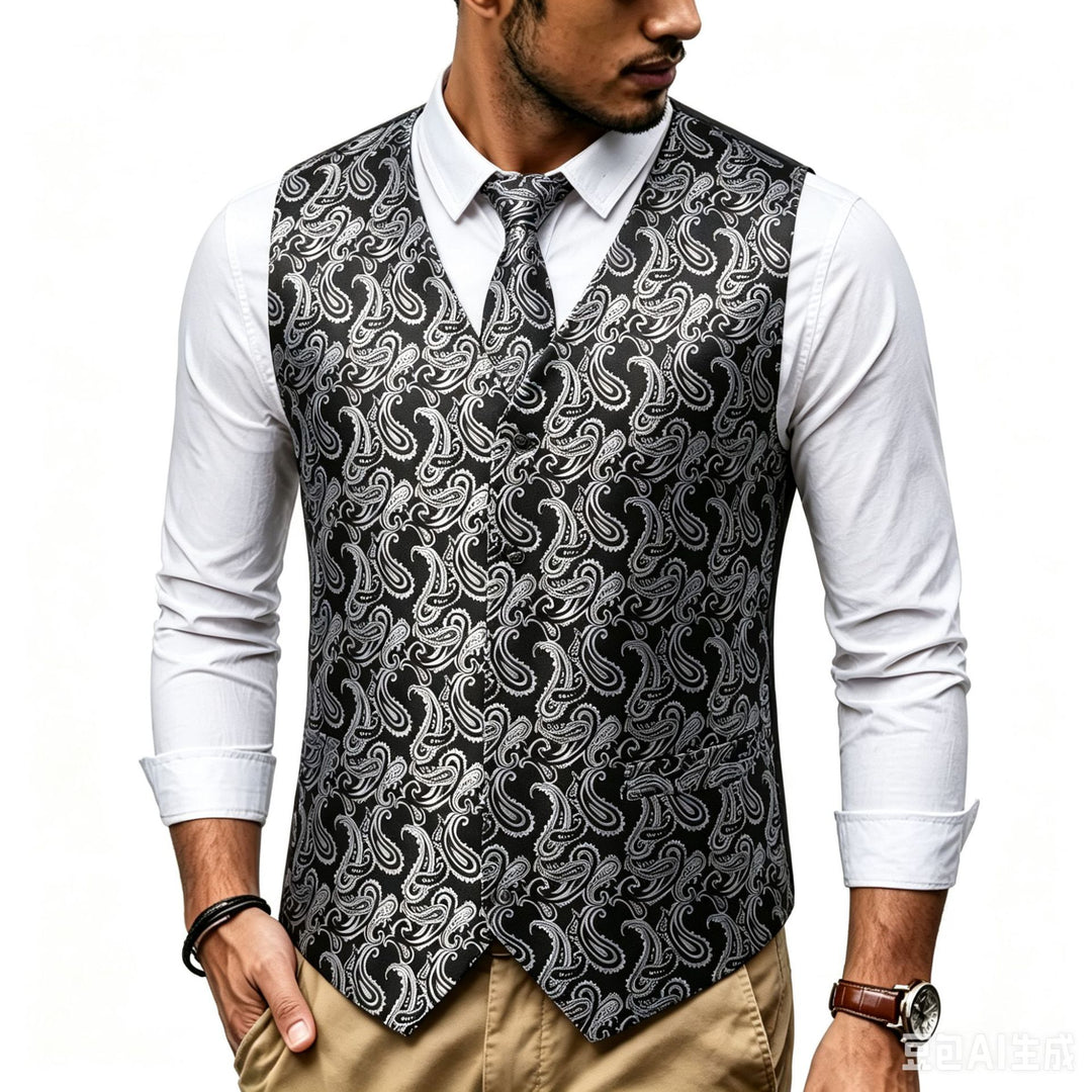 Herren Satin-Jacquard-Weste mit Paisley-Muster und passender Krawatte Echo Archiv