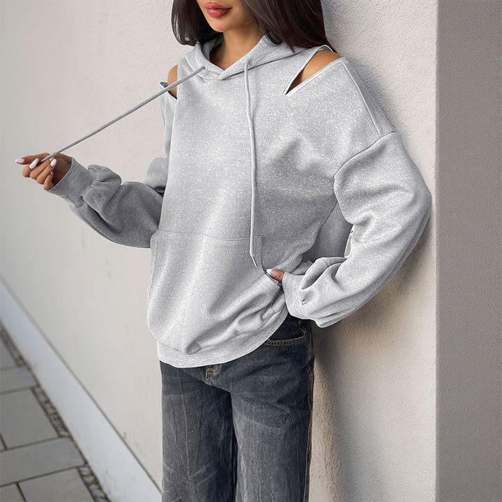 Damen Lässiger Kapuzenpullover mit Schulteröffnungen, Kängurutasche und gerippten Bündchen Echoarchiv