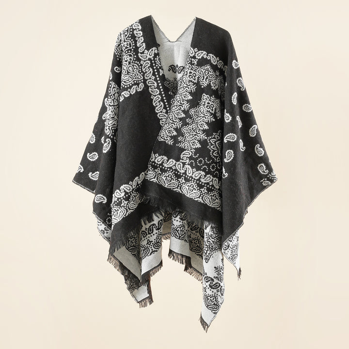 Damen Jacquard-Umhangponcho mit Paisley-Muster und Fransen Echo Archiv