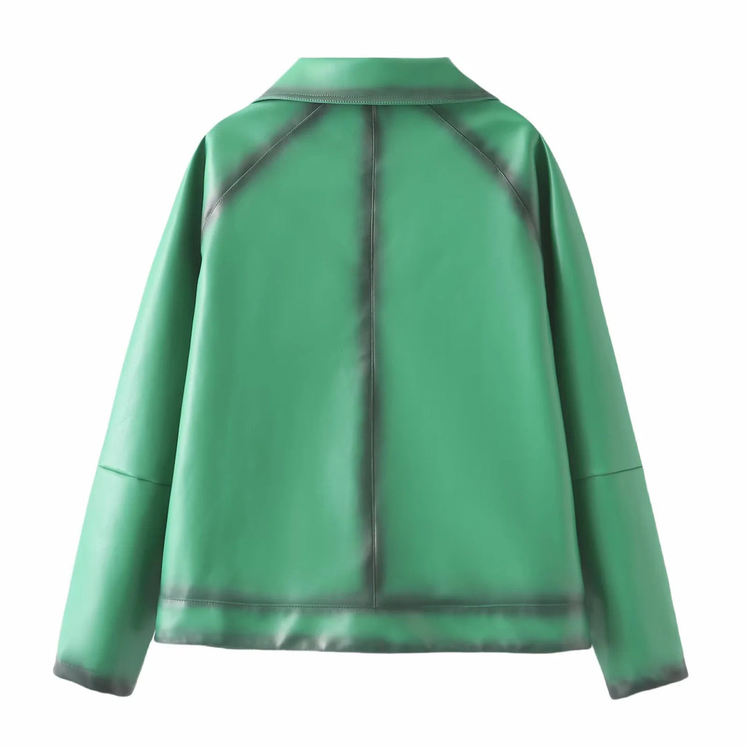 Damen boxy Kunstlederblouson mit großem Schalkragen, mittigem Metallreißverschluss und aufgesetzten Fronttaschen – Célinea