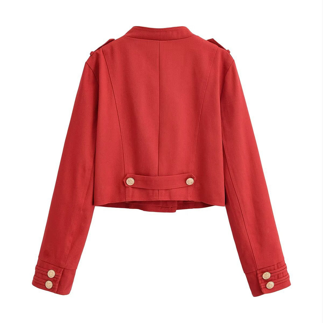 Damen Militärinspirierte Kurzjacke mit Stehkragen, Zierriegeln und goldenen Zierknöpfen Echo Archiv