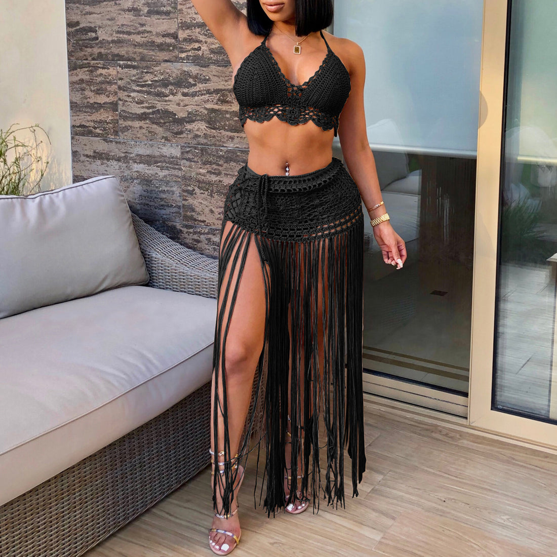 Damen gehäkeltes Strand-Outfit mit fransigen Details – Élanora
