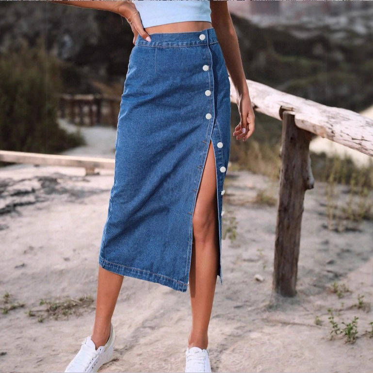 Damen Jeans-Midirock mit seitlicher Knopfleiste und hohem Beinschlitz Echo Archiv