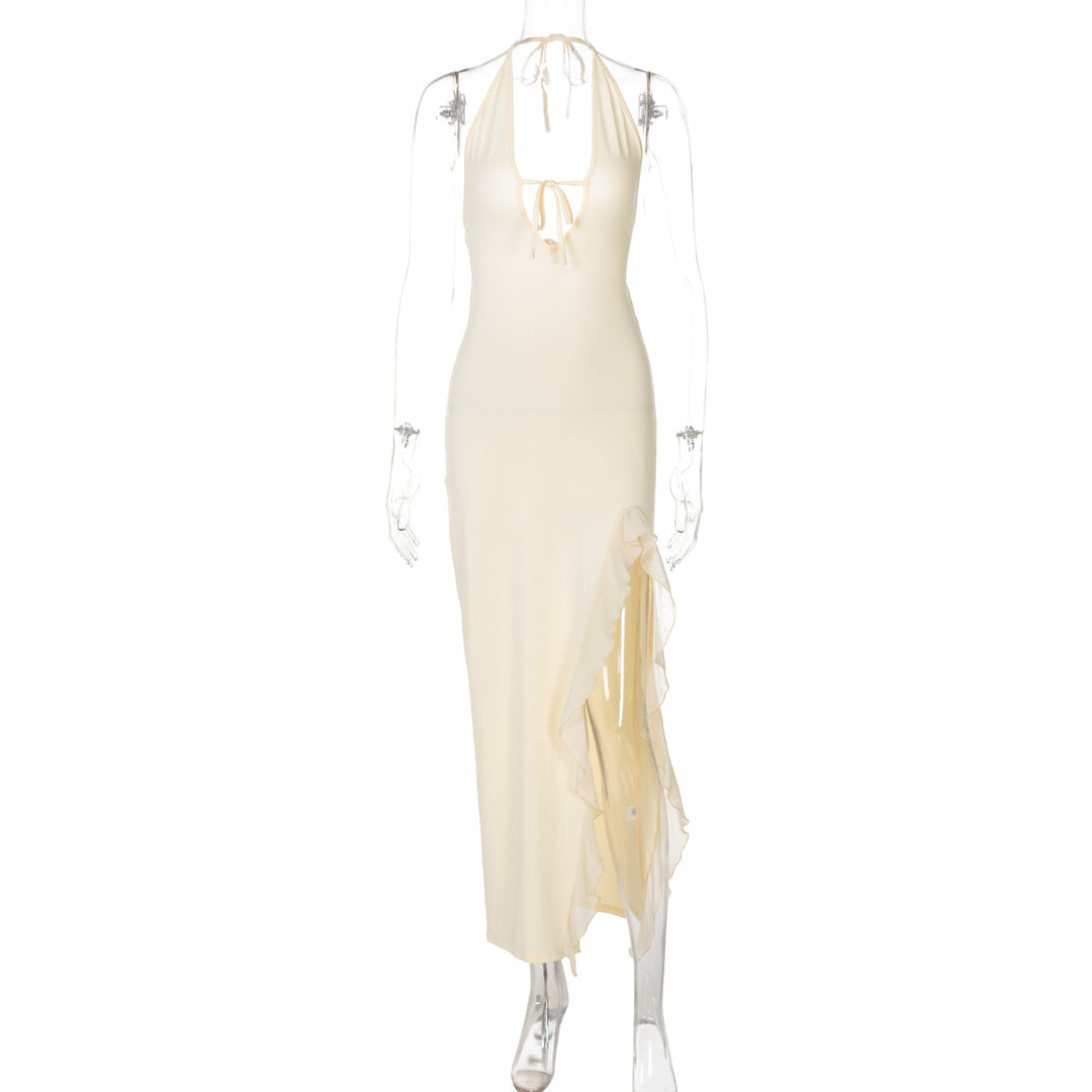 Damen elegantes Halterneck Maxikleid mit seitlichem Rüschen-Schlitz und tiefem V-Ausschnitt Echo Archiv