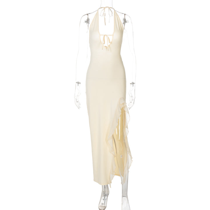 Damen elegantes Halterneck Maxikleid mit seitlichem Rüschen-Schlitz und tiefem V-Ausschnitt Echo Archiv