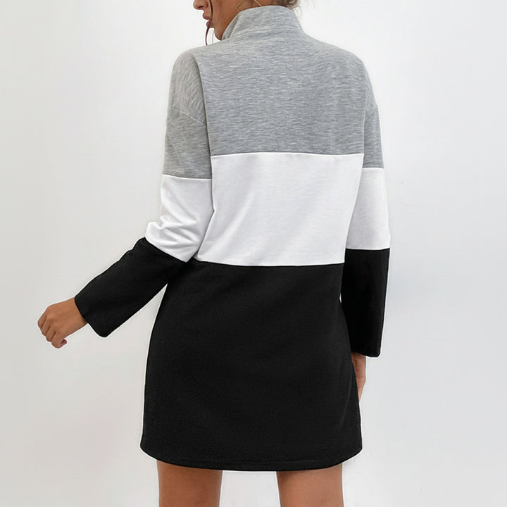 Damen Colorblock-Kurzkleid mit Stehkragen und Halbreißverschluss – Élara