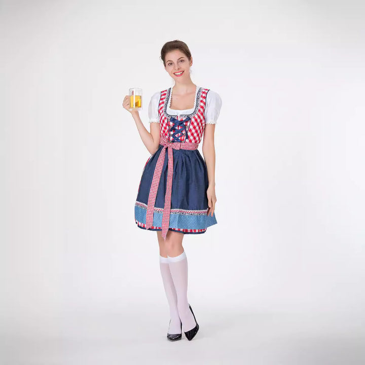 Damen nan traditionelles Trachten-Minikleid mit kariertem Schnürmieder, Puffärmelbluse und dekorativer Schürze Echo Archiv