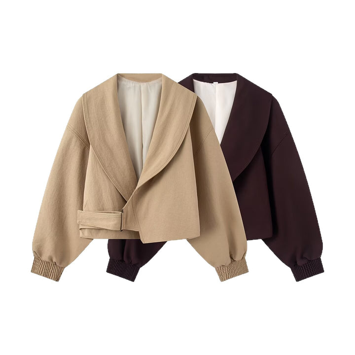 Damen Kurze Oversized Jacke mit breitem Schalkragen, Ballonärmeln und Taillenriegel Echoarchiv