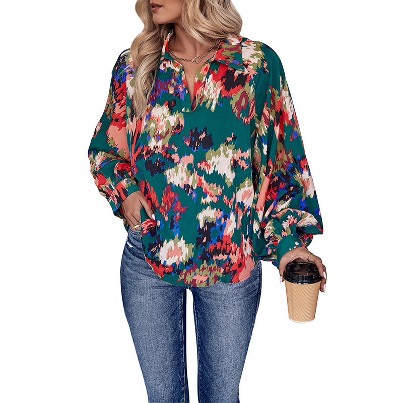 Damen Chiffonbluse mit weitem Ballonärmel, V-Ausschnitt und abstraktem Allover-Print Echoarchiv