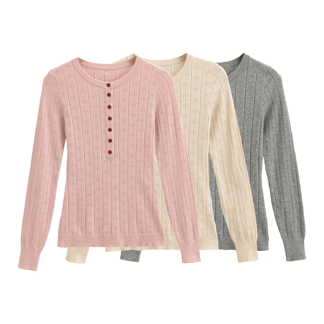 Damen Feinstrick-Longsleeve mit Knopfleiste und Strukturstrick Echoarchiv