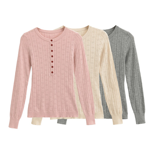 Damen Feinstrick-Longsleeve mit Knopfleiste und Strukturstrick Echoarchiv