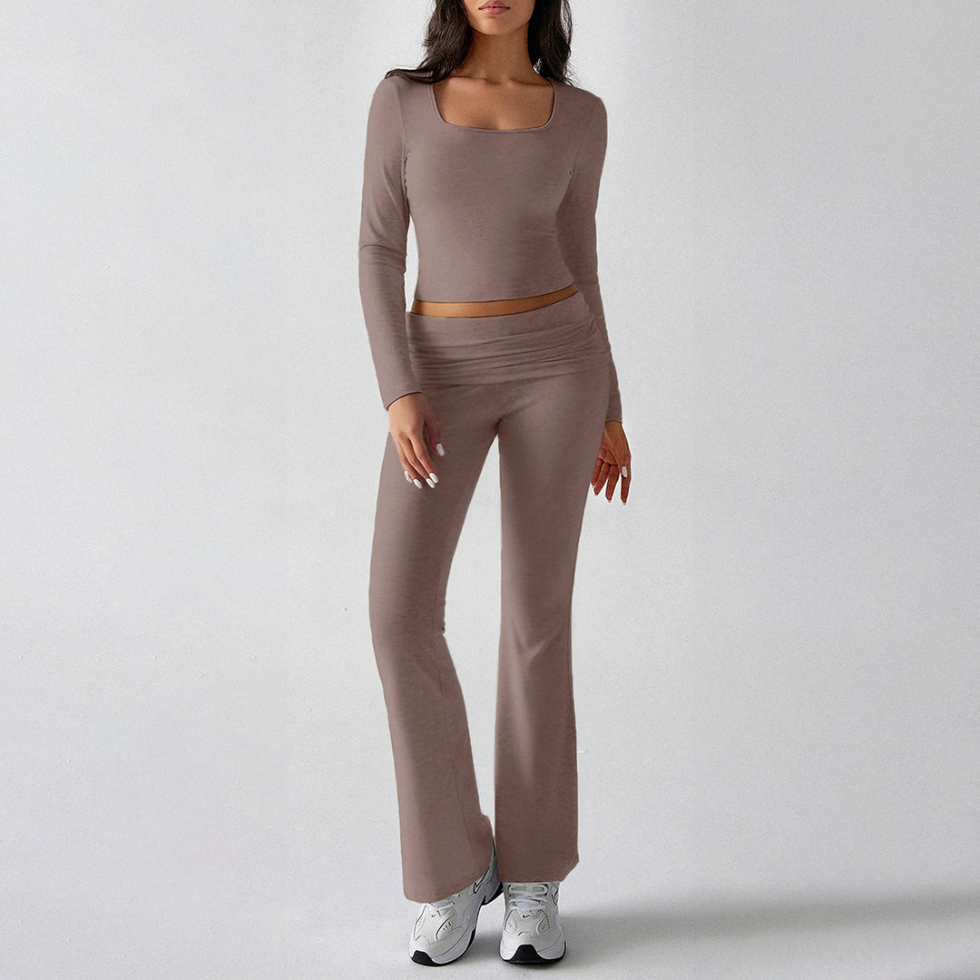 Damen figurbetontes Cropped-Set mit langärmeligem Top mit quadratischem Ausschnitt und ausgestellter High‑Waist Yoga-Hose – Avérine