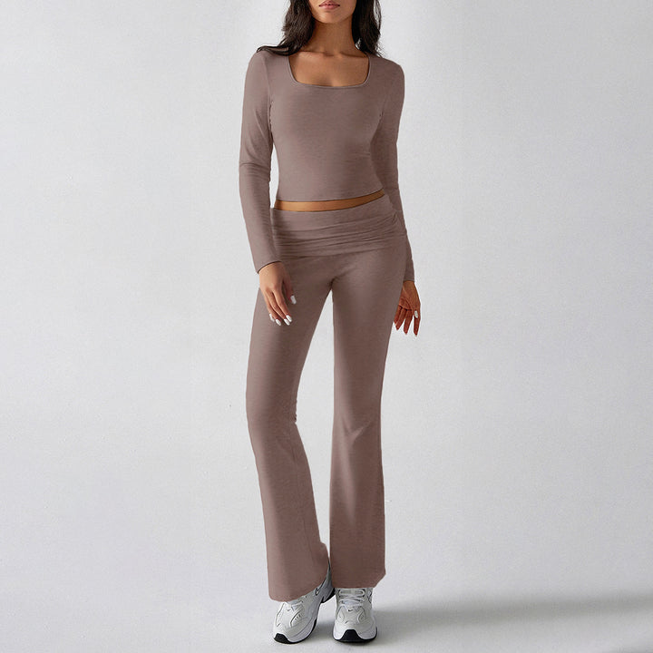 Damen figurbetontes Cropped-Set mit langärmeligem Top mit quadratischem Ausschnitt und ausgestellter High‑Waist Yoga-Hose – Avérine