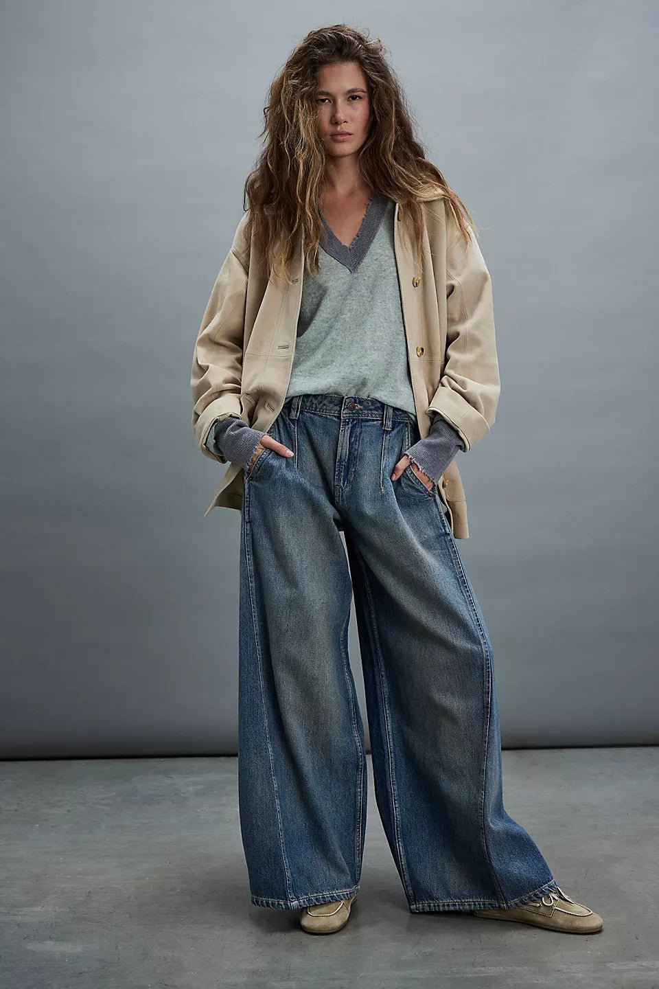 Damen nan extraweite High‑Waist Palazzo-Jeans mit hohem Bund, tiefem Schritt und verwaschener Vintage-Optik Echo Archiv