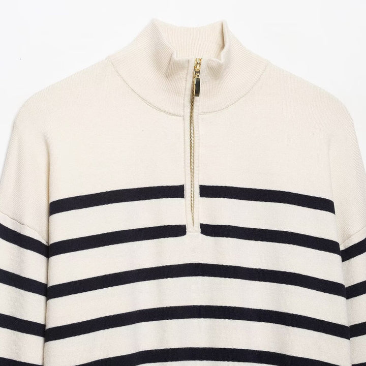 Damen Cropped Boxy Strickpullover mit halbem Reißverschluss, Stehkragen und breiten Streifen Echoarchiv