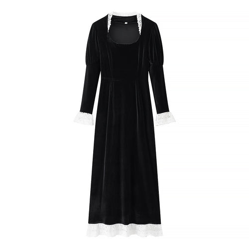 Damen Maxikleid aus Samt mit quadratischem Ausschnitt, Puffärmeln und Spitzenbesatz Echo Archiv