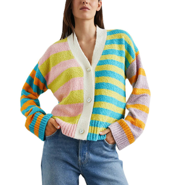Damen lockerer gestreifter Frottee-Cardigan mit V-Ausschnitt und Knopfleiste – Veloura