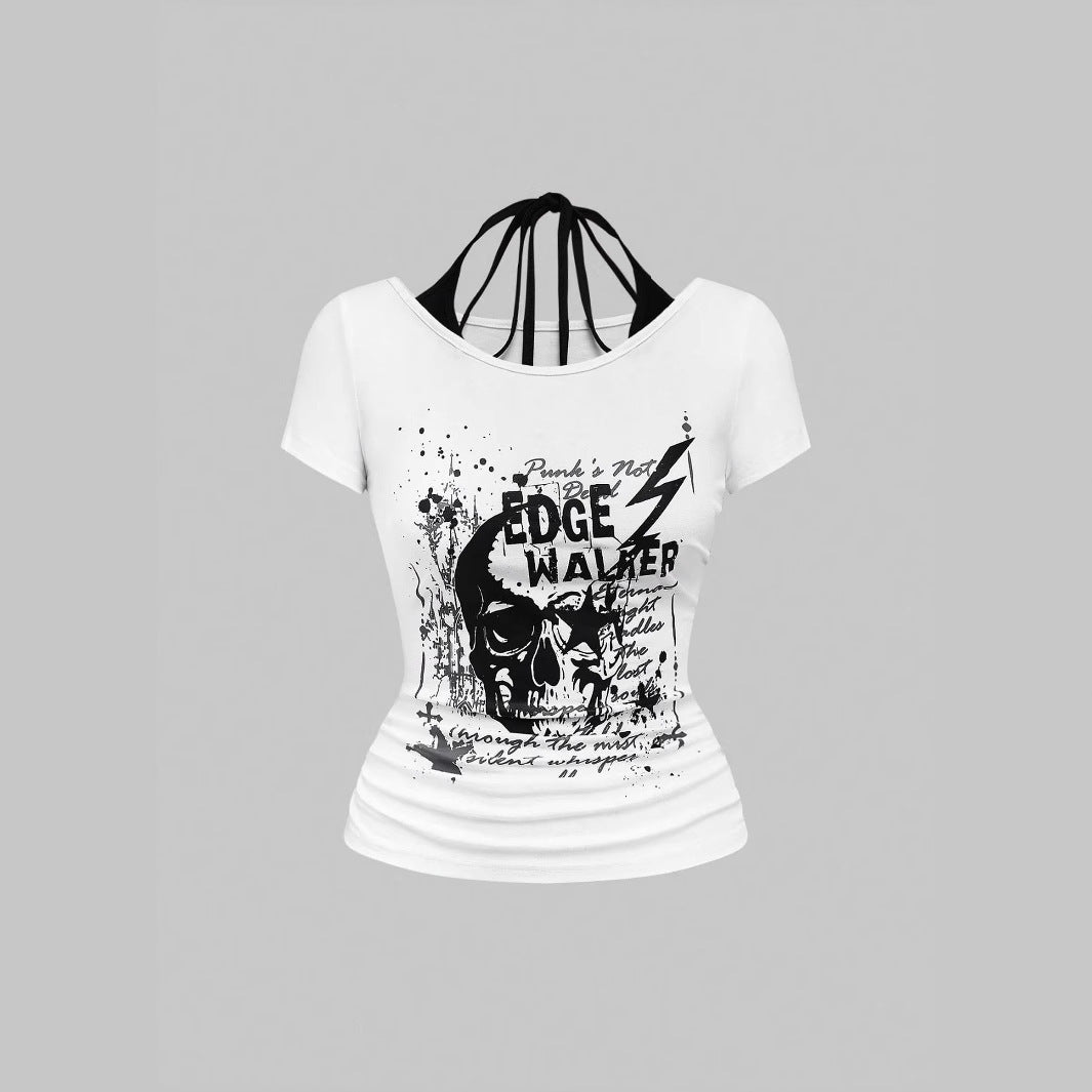 Damen kreatives Grafik-T-Shirt mit verführerischem Rückenausschnitt Echo Archiv