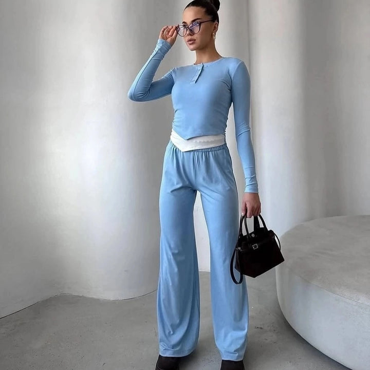 Damen Loungewear-Set aus weichem Modal mit Henley-Knopfleiste und weitem High‑Waist Loungehose – Élanora