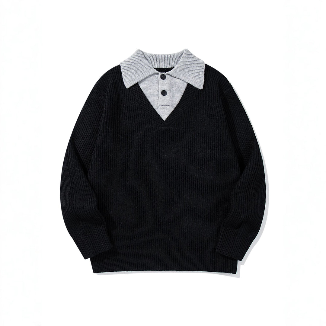 Herren Gerippter Strickpullover mit Polokragen‑Einsatz und tiefem V‑Ausschnitt Echoarchiv