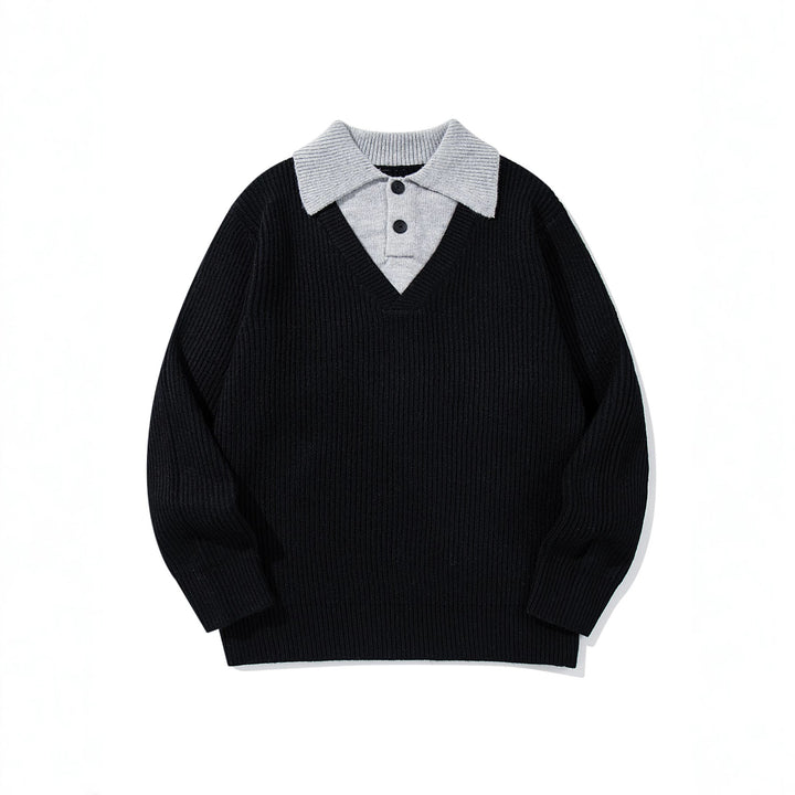 Herren Gerippter Strickpullover mit Polokragen‑Einsatz und tiefem V‑Ausschnitt Echoarchiv