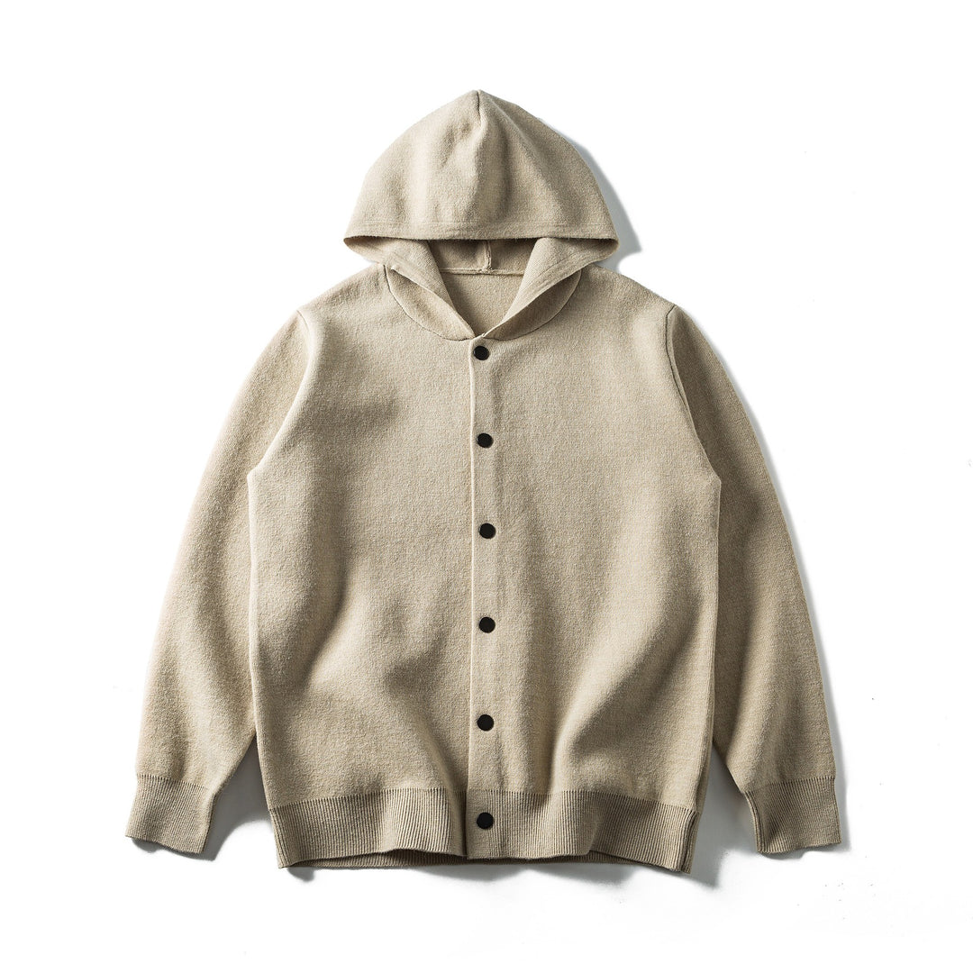 Unisex Leichte Kapuzen‑Strickjacke mit Druckknopfleiste und Rippbündchen Echoarchiv