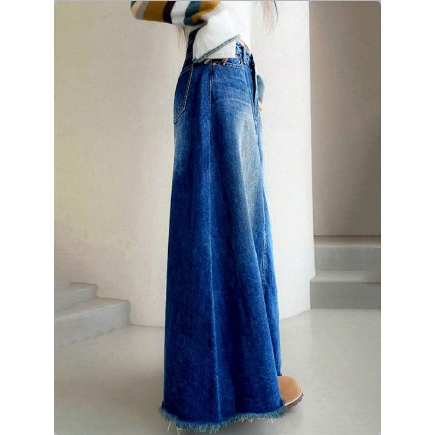Damen Langer Vintage-Jeansrock im A-Linien-Schnitt mit taillenhohem Bund und ausgefranstem Saum Echo Archiv