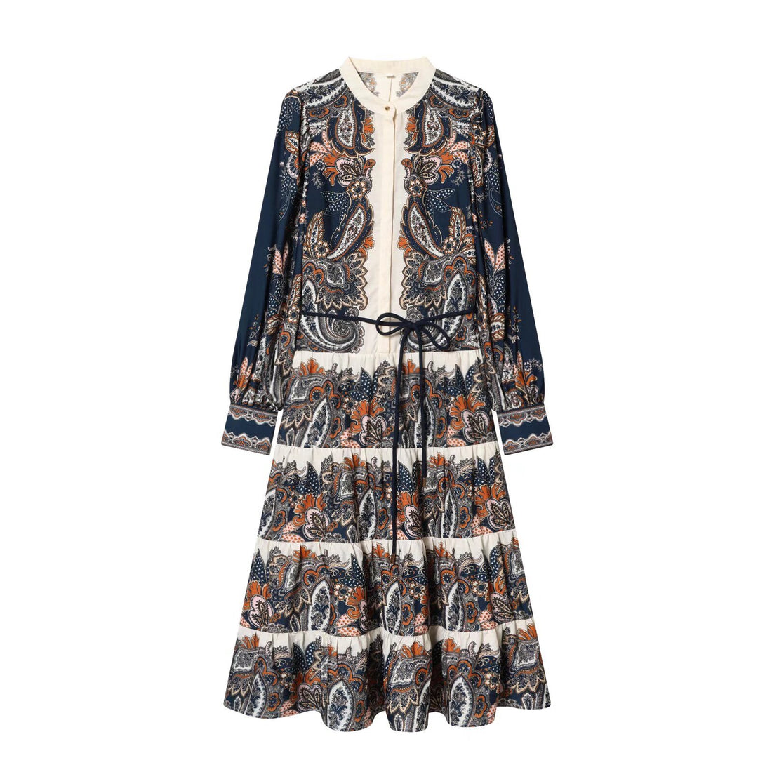 Damen Maxikleid im Stufenrock-Design mit Paisley-Print, Stehkragen und Taillenschnur Echoarchiv