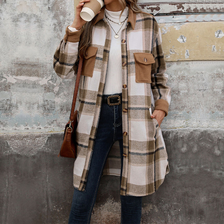 Damen Long-Hemdjacke im Overshirt‑Stil mit Brustklappen – Célinea