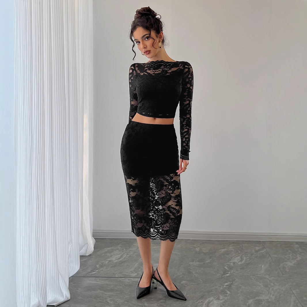 Damen nan zweiteiliges Spitzenensemble mit bauchfreiem Langarmoberteil und tailliertem Midirock Echo Archiv