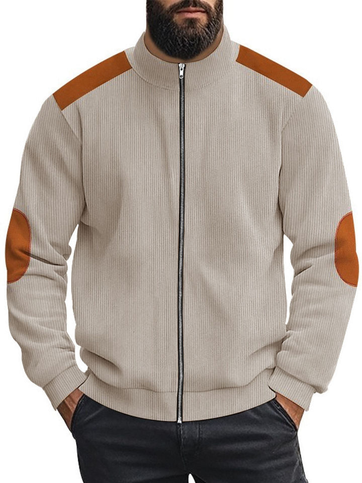 Herren Strickjacke mit modernen Lederakzenten und hoch geschlossenem Kragen Echoarchiv