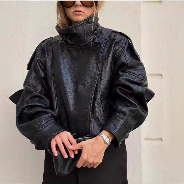 Herren nan lässige Bikerjacke aus Kunstleder mit hohem Stehkragen, Schulterklappen und elastischem Saum Echo Archiv