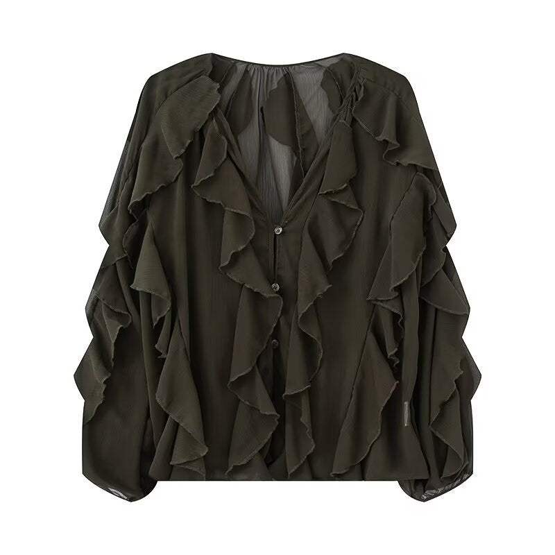 Damen Volant-Chiffonbluse mit Knopfleiste, gerafftem Ausschnitt und Ballonärmeln Echo Archiv