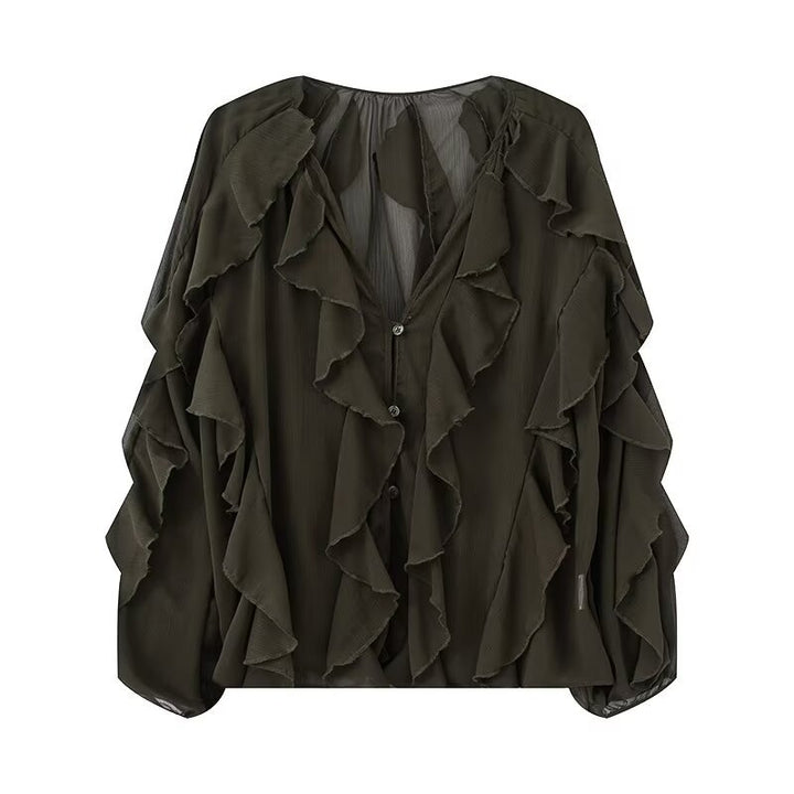 Damen Volant-Chiffonbluse mit Knopfleiste, gerafftem Ausschnitt und Ballonärmeln Echo Archiv