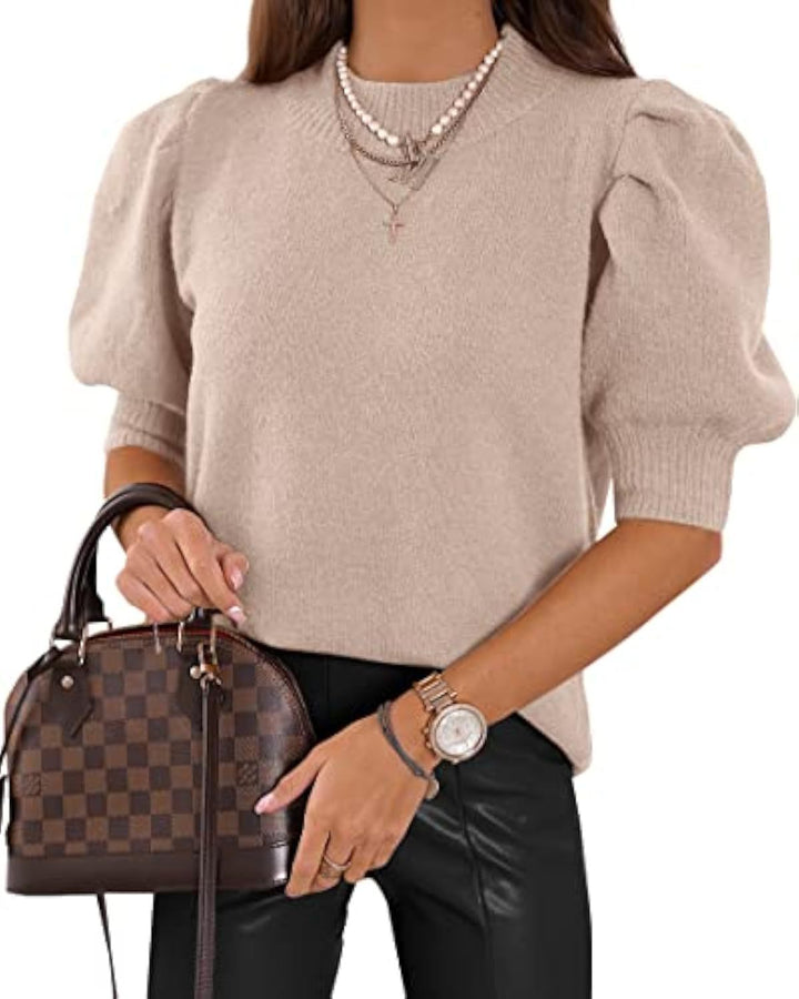 Damen Kurzgeschnitteter Feinstrickpullover mit Puffärmeln und Rippbündchen – Mavelle