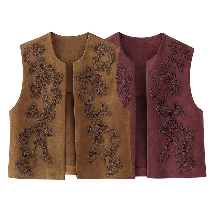 Damen bestickte Wildlederweste mit offenem Schnitt, floraler Applikation und taillierter Silhouette – Célinea
