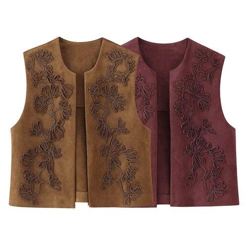 Damen bestickte Wildlederweste mit offenem Schnitt, floraler Applikation und taillierter Silhouette – Célinea